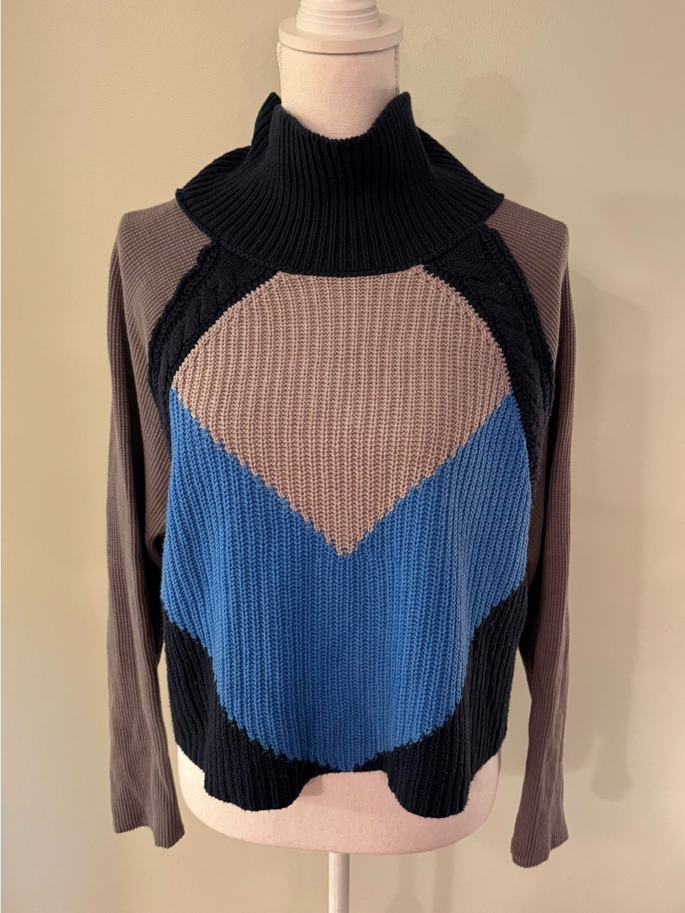 Free People Colorblock Cowl Neck Sweater in Blue, Taupe & Black